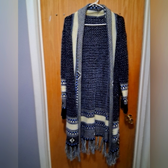 Sweaters - Women's Navy and Cream/Light Blue Boho Knit Long Cardigan Sweater XL
